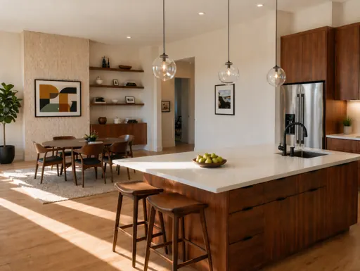 Mid-century interior illustration with warm natural light