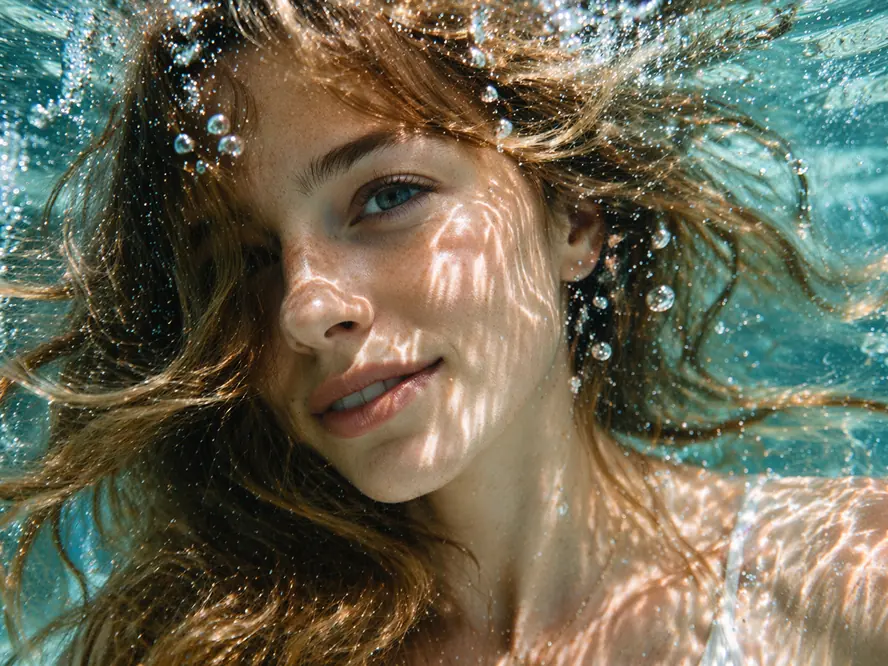Underwater editorial portrait illustration with reflected sunlight
